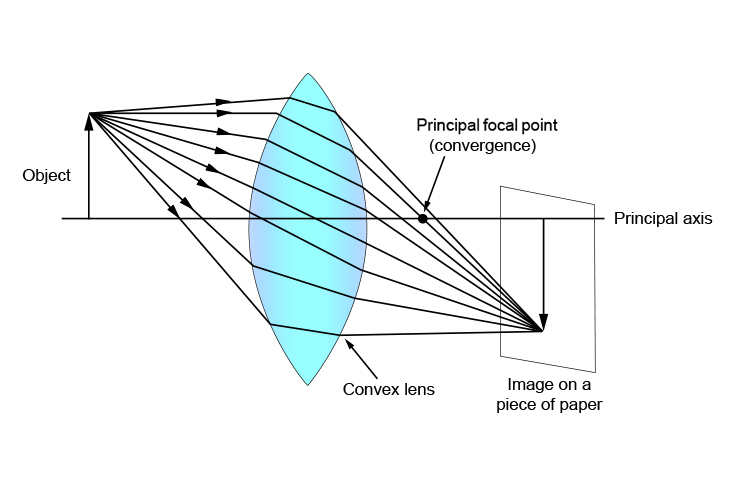 Ray diagram showing the location of the principal focal (convergence) point